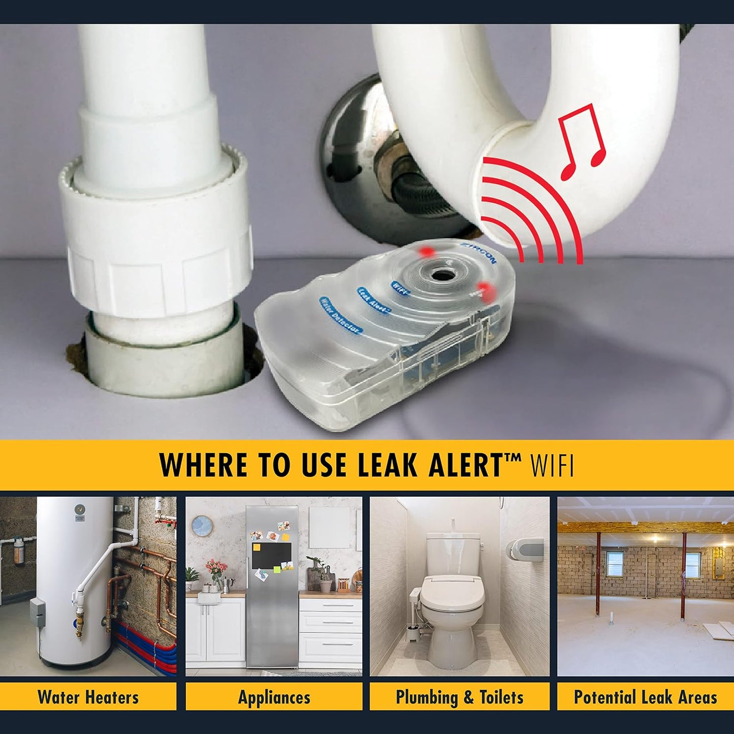 Zircon Leak Alert WiFi -Smart Electronic Water Detector Alarm with Email, Audio and Visual Alerts - Battery Included