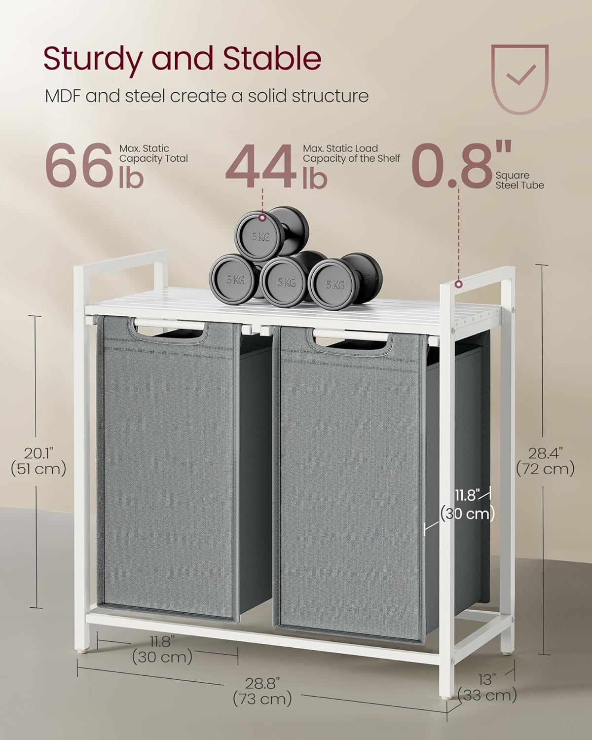 VASAGLE Laundry Hamper, Laundry Basket Sorter with 3 Pull-Out and Removable Bags, Shelf, Metal Frame, 3 x 10.6 Gallons (40 L), 36.4 x 13 x 28.4 Inches, Cappuccino Beige and Natural Beige UBLH301LH01