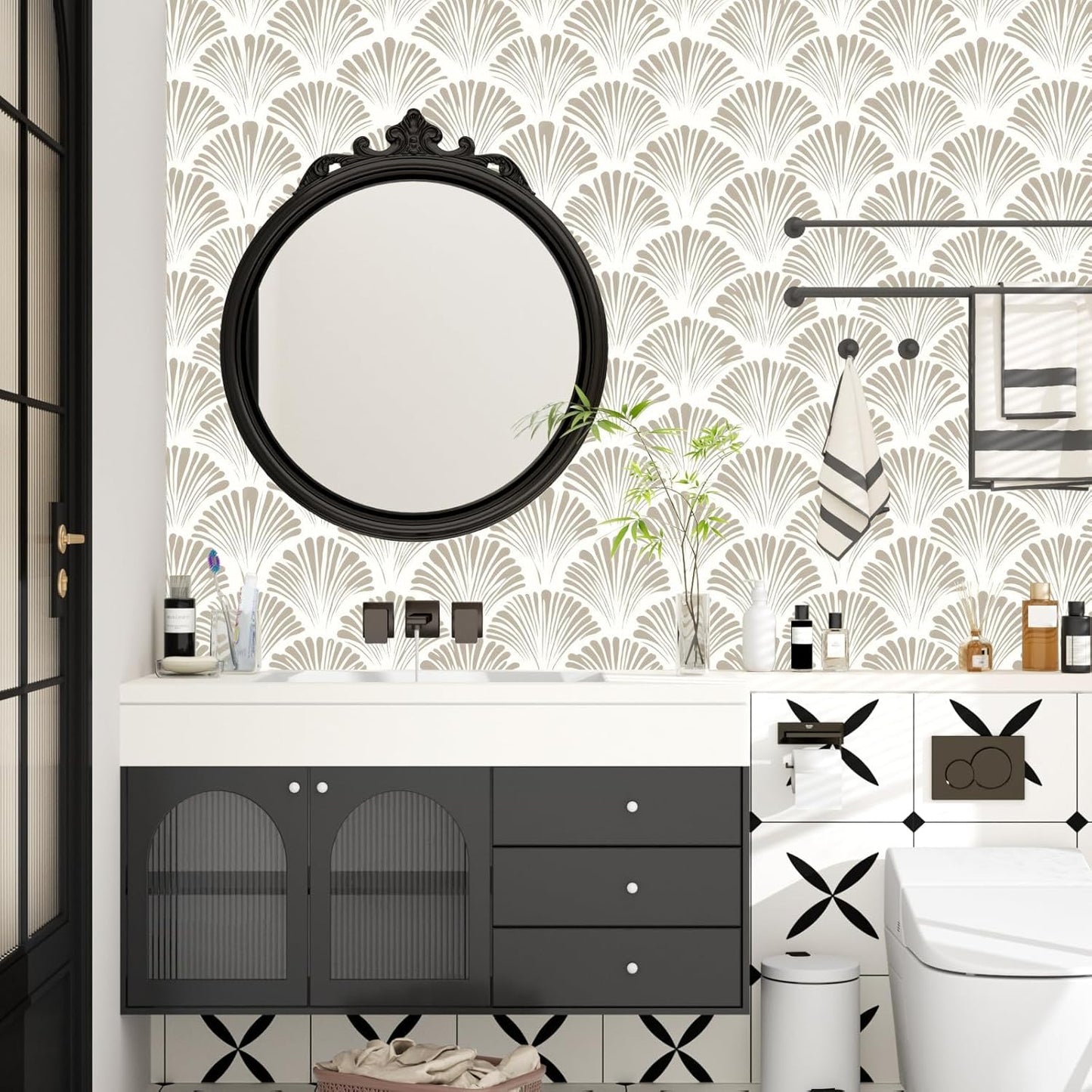 BOKEBEVE Leaves Contact Paper Floral Wallpaper Stick and Peel Boho Damask Wall Paper for Liner Drawer Cabinet Backsplash Renter Friendly Waterproof 17.5 x 118In
