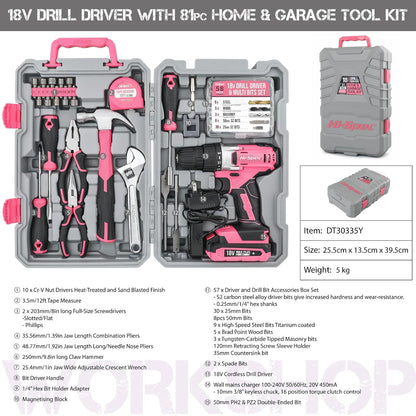 Hi-Spec Tool Kit with 3.6V USB Small Electric Screwdriver Set, Pink Drill Set for Women, Tool Kit for Home