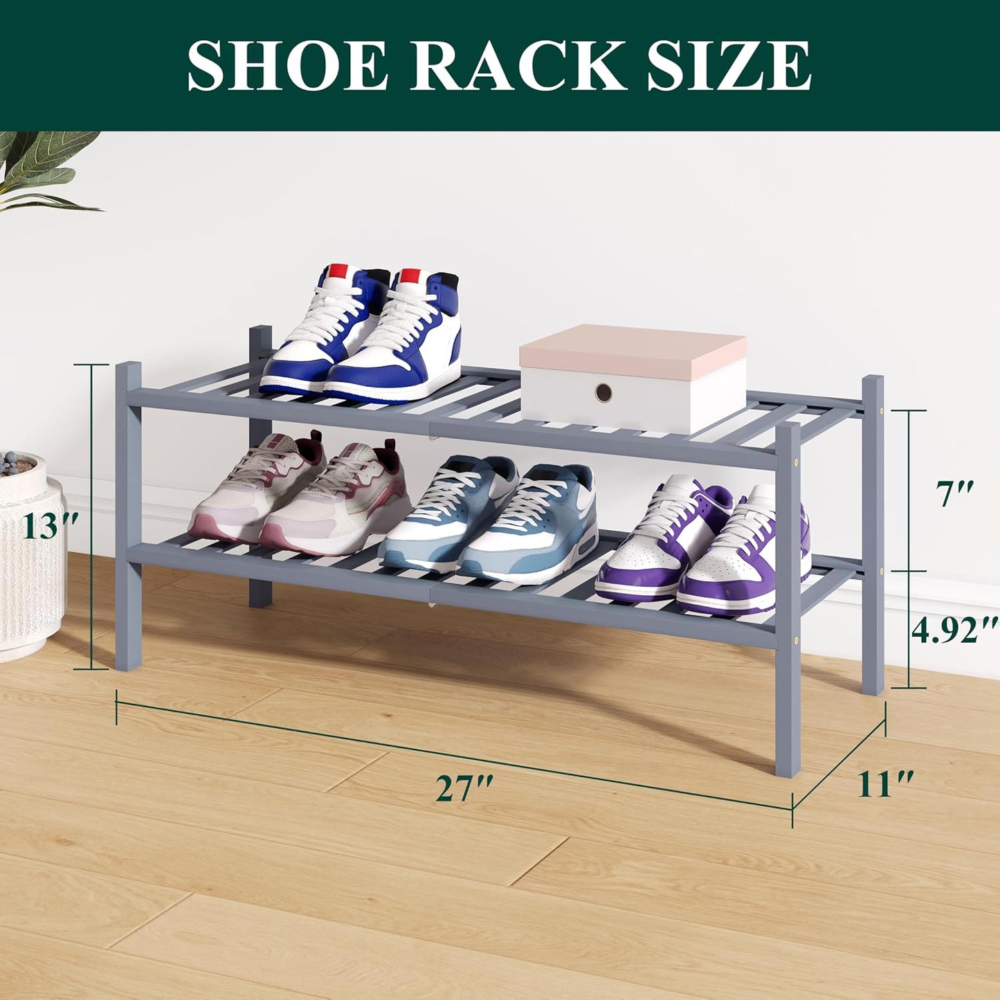 Smiry Bamboo Shoe Rack for Closet, 3 Tier Wooden Shoe Organizer, Stackable Wood Shoe Storage Shelf for Entryway, 14 Vertical Slats, One-piece Heavy-Duty Legs, 26.77"x11.02"x18.31", Natural