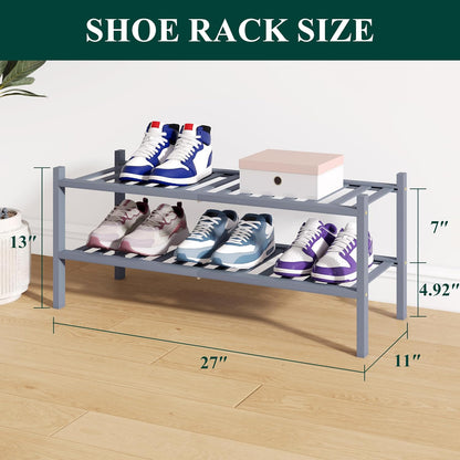 Smiry Bamboo Shoe Rack for Closet, 3 Tier Wooden Shoe Organizer, Stackable Wood Shoe Storage Shelf for Entryway, 14 Vertical Slats, One-piece Heavy-Duty Legs, 26.77"x11.02"x18.31", Natural