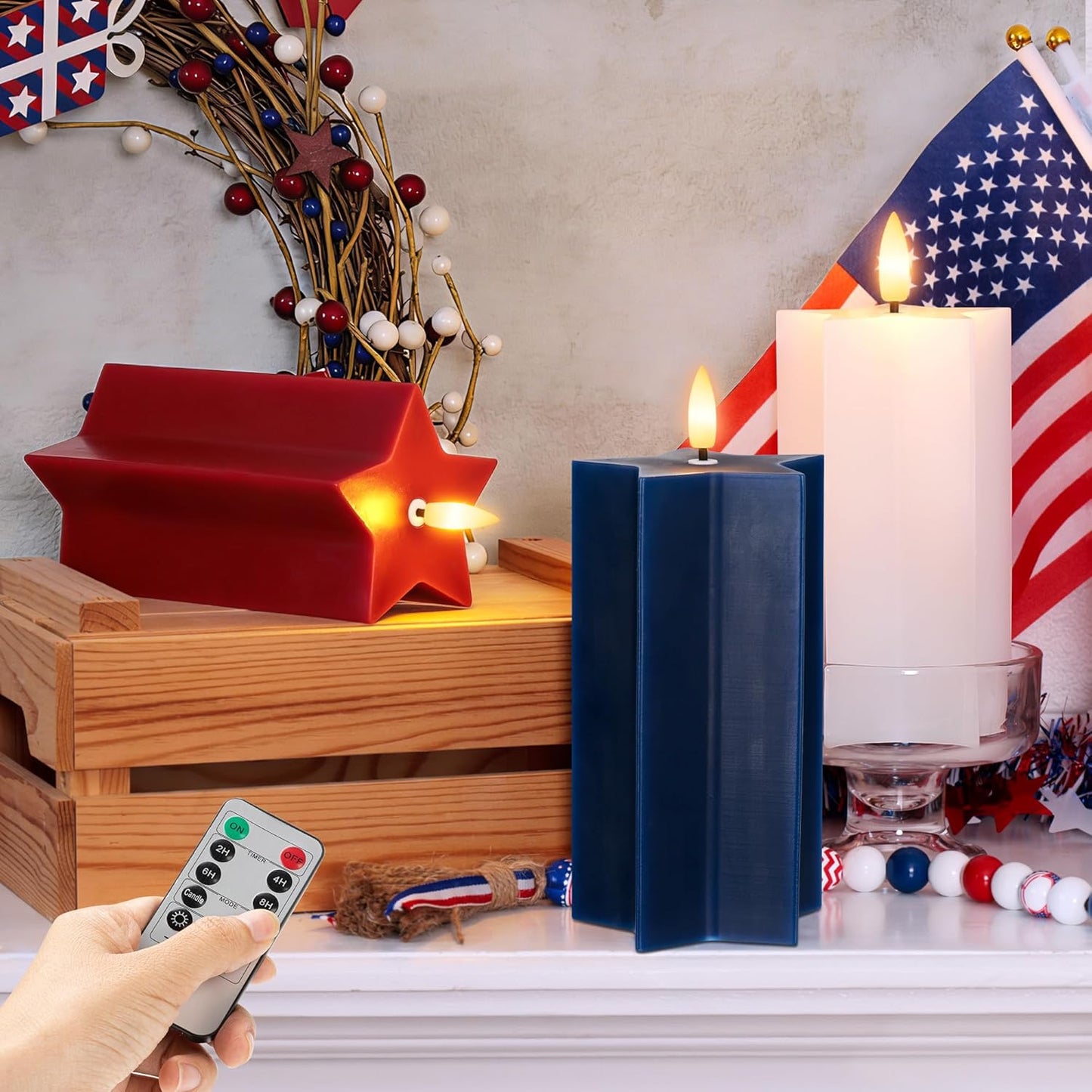 4th of July Flameless Pillar Candles with Remote, Patriotic Red White and Blue Battery Operated Star Shaped LED Pillar Candle Set of 3, Independence Day Decorations for Home Party Table Fireplace