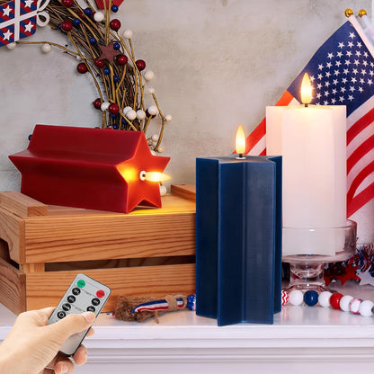 4th of July Flameless Pillar Candles with Remote, Patriotic Red White and Blue Battery Operated Star Shaped LED Pillar Candle Set of 3, Independence Day Decorations for Home Party Table Fireplace
