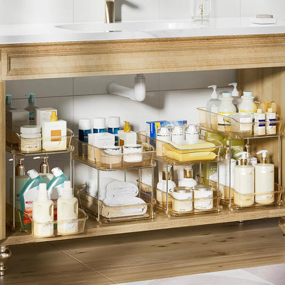 Delamu 2-Tier Under Sink Organizers and Storage, Multi-Purpose Stackable Bathroom Cabinet organizers, Pull Out Kitchen Pantry Organization and Storage with Dividers(2 Pack, Clear)