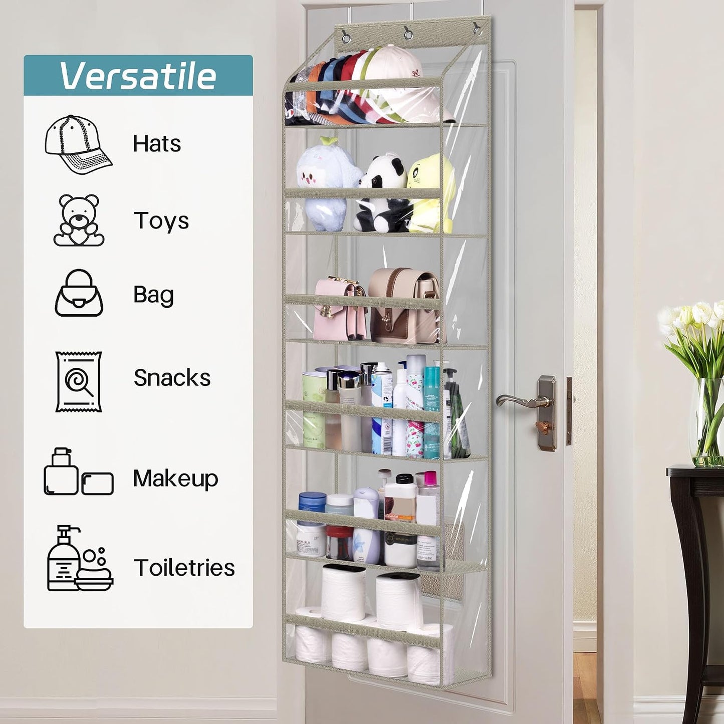 AOODA Clear Over the Door Hat Racks for Baseball Caps, Large Holds up to 72 Caps Hat Storage Organizer for Closet Wall, Deep Pockets Hanging Snapback Holder Shelves with 3 Hooks, White