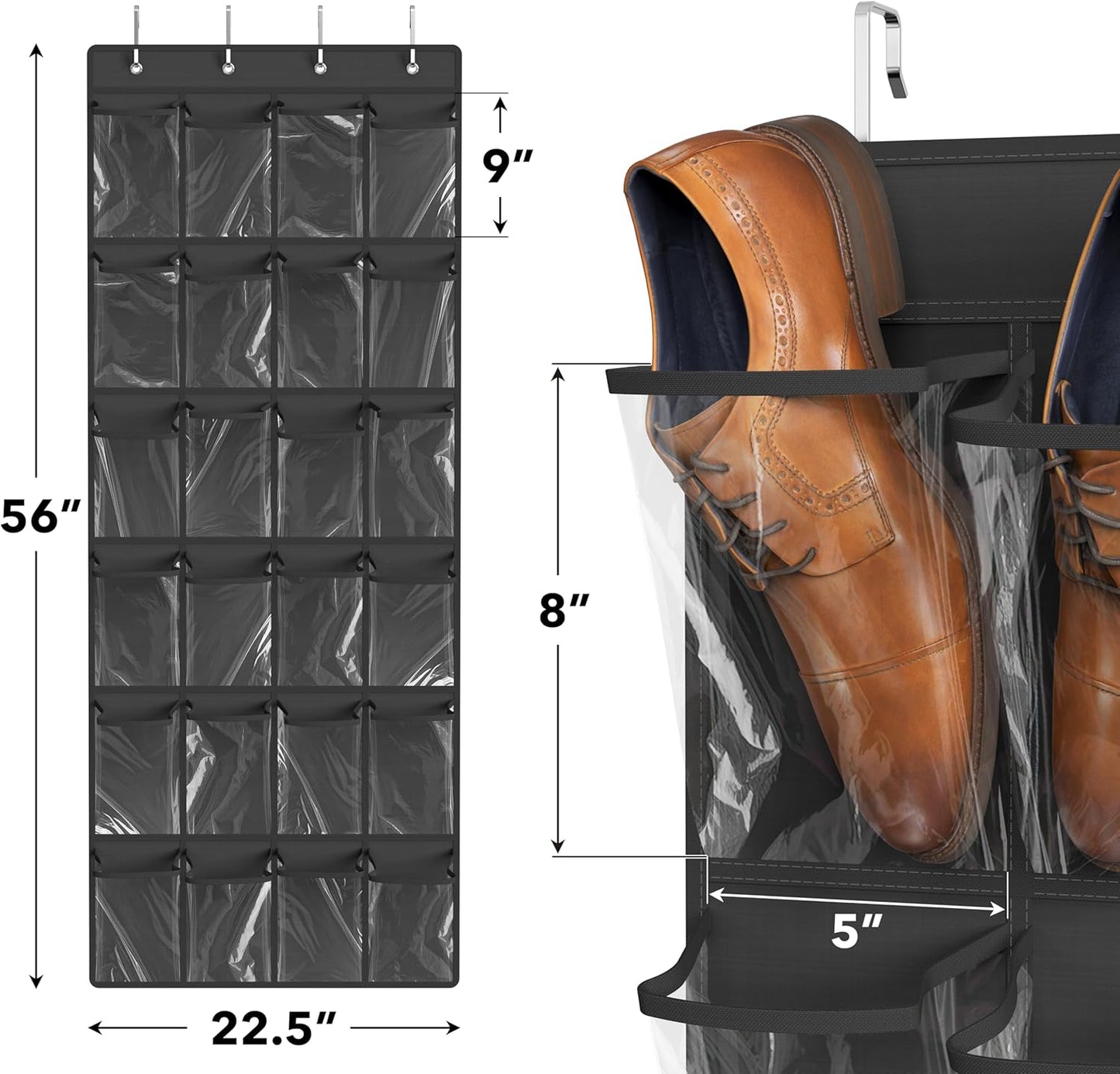 Simple Houseware 24 Pockets - Crystal Clear Over The Door Hanging Shoe Organizer, Gray (64'' x 19'')