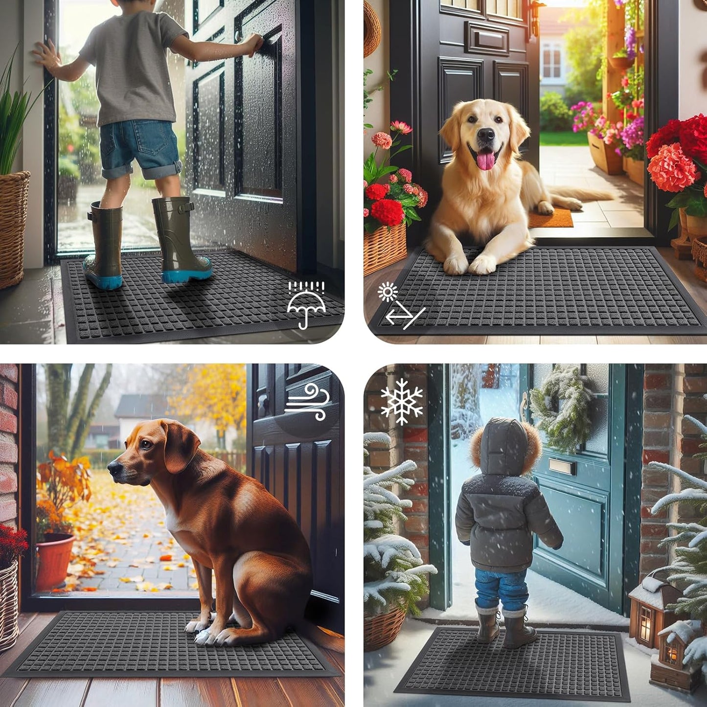 Smiry Front Door Mat Outside Entrance, Heavy Duty Natural Rubber Doormat, Non Slip, Trap Dirt and Moisture, Easy Clean, Low Profile Welcome Floor Mats for Indoor Outdoor Entry, 29.5x17 Inch, Black