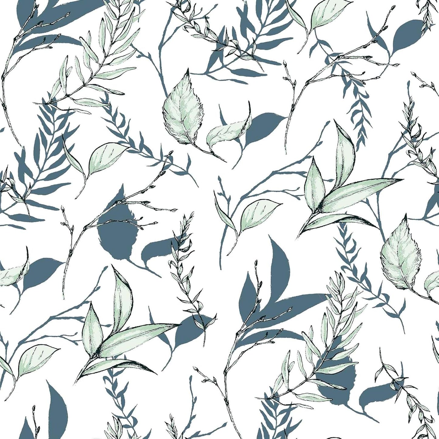 Sage Green and Blue Leaf Peel and Stick Wallpaper Modern Removable Self Adhesive Waterproof Renter Friendly Wall Covering for Bathroom and Accent Walls 17.7in x 88.5in