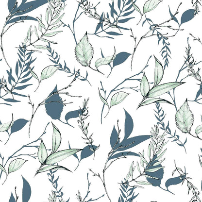 Sage Green and Blue Leaf Peel and Stick Wallpaper Modern Removable Self Adhesive Waterproof Renter Friendly Wall Covering for Bathroom and Accent Walls 17.7in x 88.5in