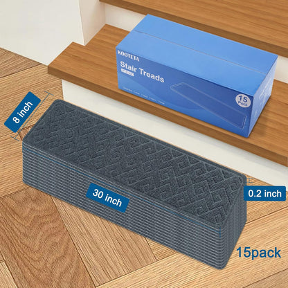 KOOTETA Stair Treads for Wooden Steps Indoor, 15 Pack 8" X 30" Non Slip Carpet Stair Treads with Reusable Adhesive for Kids Elders and Dogs, Surface Polyester TPR Backing Stair Runner Rugs, Dark Grey