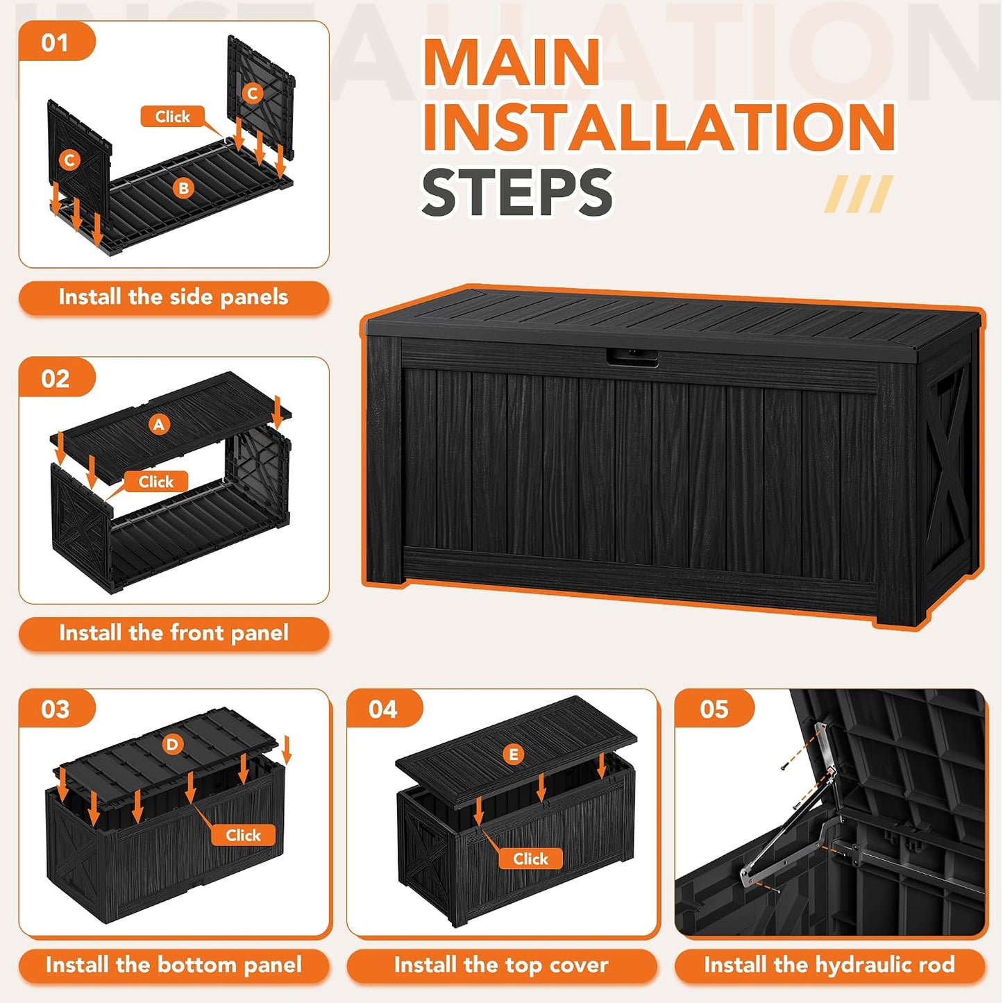 32 Gallon Deck Box Outdoor Indoor Waterproof Storage Box for Patio Furniture, Pool Accessories, Garden Tools, and Cushion Storage, Black
