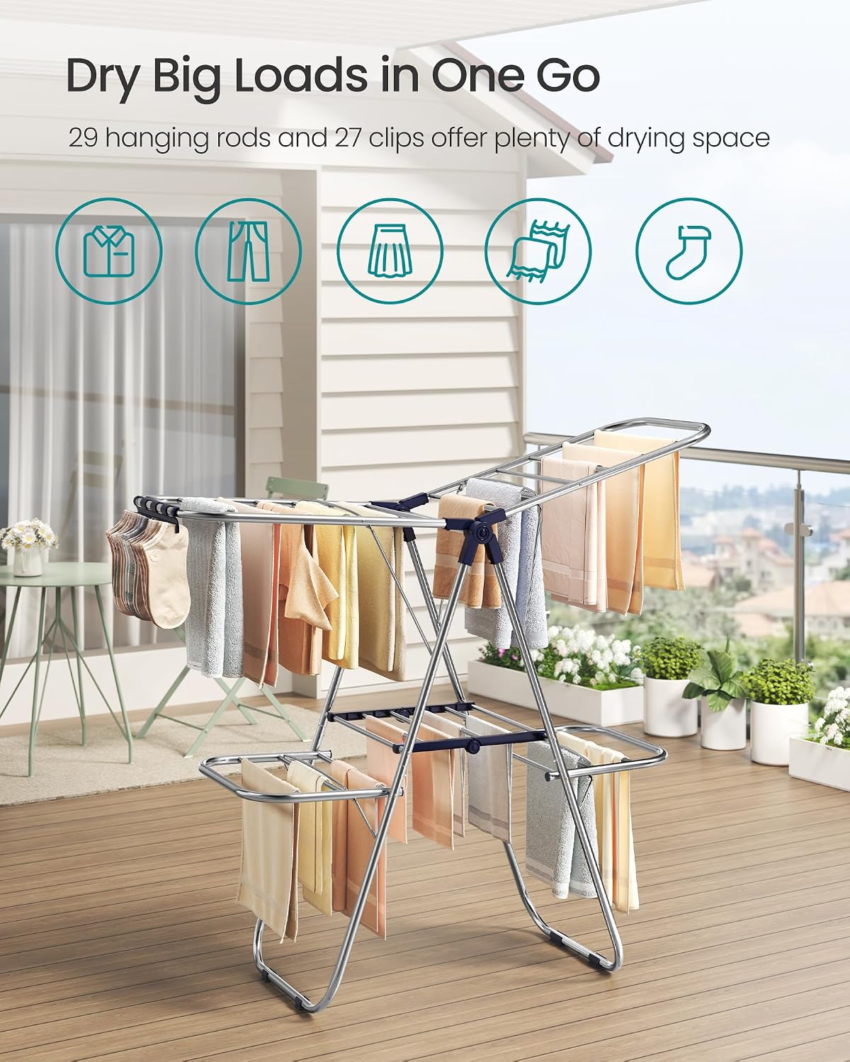 SONGMICS Clothes Drying Rack, Foldable Laundry Drying Rack, Blue | Sock Clips, Metal Clothes Airer with Height-Adjustable Gullwings, Space-Saving, Indoor Outdoor, ULLR505EQ01