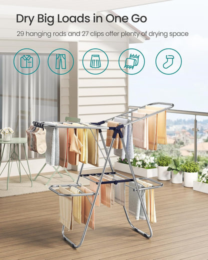 SONGMICS Clothes Drying Rack, Foldable Laundry Drying Rack, Blue | Sock Clips, Metal Clothes Airer with Height-Adjustable Gullwings, Space-Saving, Indoor Outdoor, ULLR505EQ01