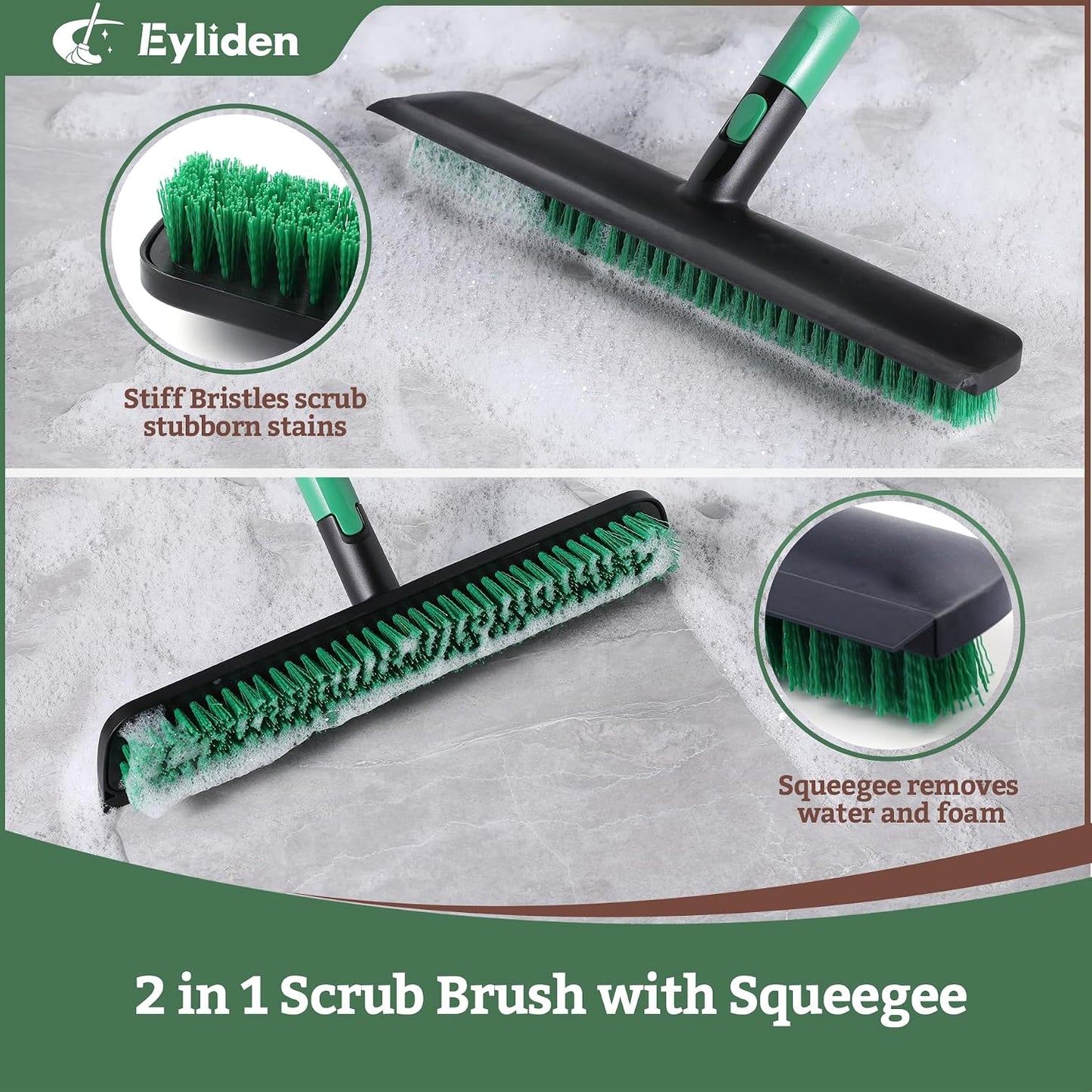 Eyliden Floor Scrub Brush, 15-inch Wide, 55" Long Handle Deck Brush | 2-in-1 Stiff Bristles and Rubber Squeegee, 45° Angle Head, Telescoping Handle, for Bathroom Shower Kitchen Patio Garage
