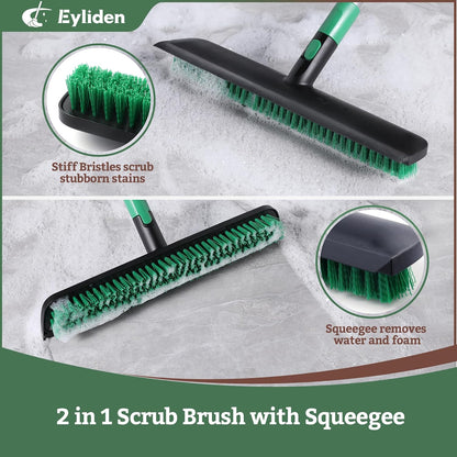 Eyliden Floor Scrub Brush, 15-inch Wide, 55" Long Handle Deck Brush | 2-in-1 Stiff Bristles and Rubber Squeegee, 45° Angle Head, Telescoping Handle, for Bathroom Shower Kitchen Patio Garage