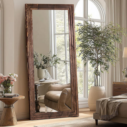 65"x22" Full Length Mirror Solid Wood Frame Floor Mirror with Stand for Living Room, Bedroom Hanging Standing or Leaning, Brown