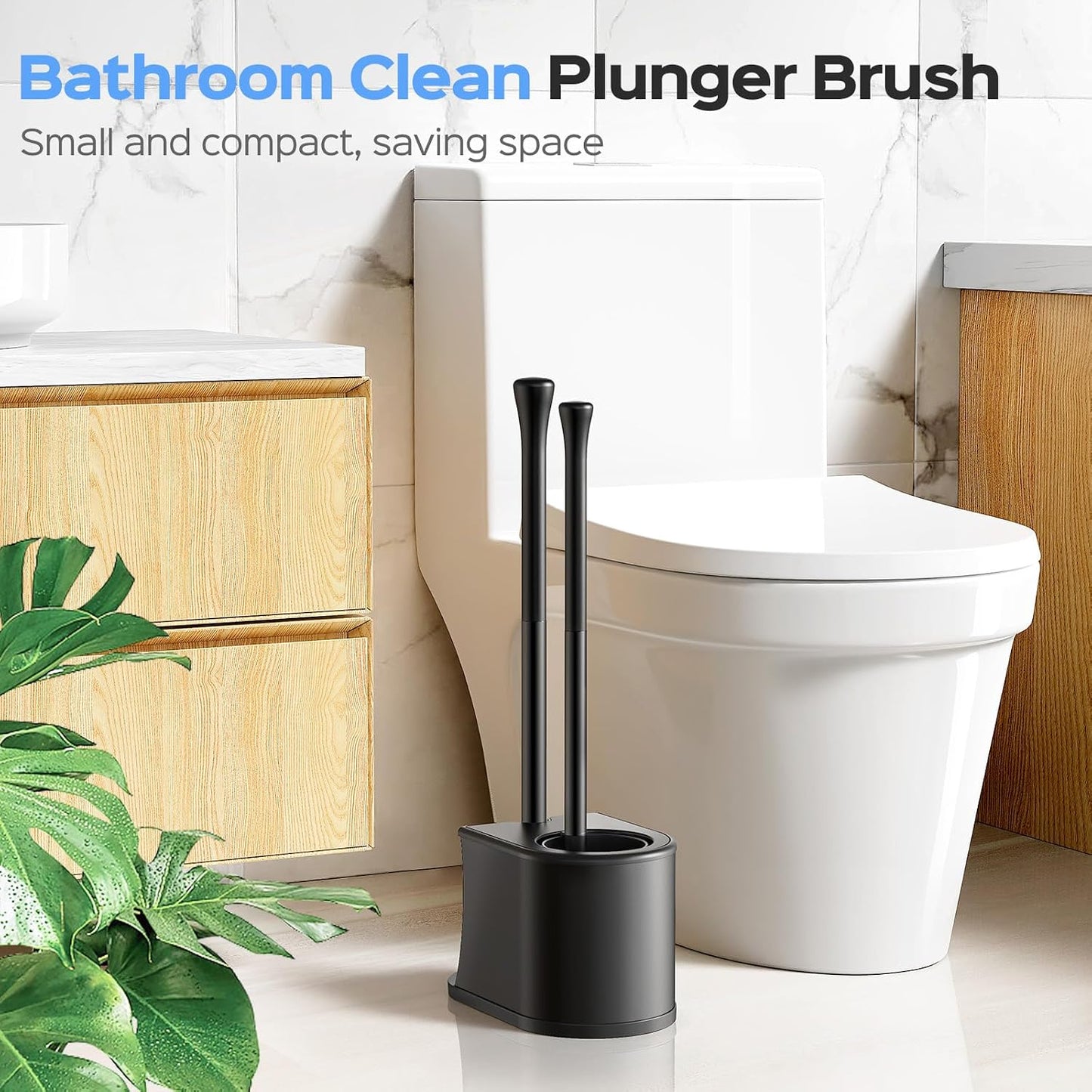 HAMITOR Toilet Plunger and Brush Set: 2 in 1 Stainless Steel Rustproof Combo with Deep Cleaning Curved Bristles - Heavy Duty Toilet Unclogging for Family Bathroom - Compact Apartment Accessories