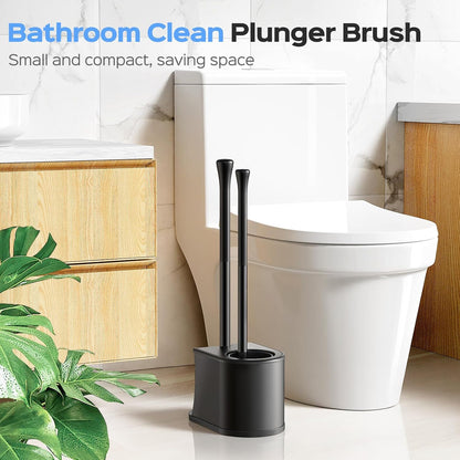 HAMITOR Toilet Plunger and Brush Set: 2 in 1 Stainless Steel Rustproof Combo with Deep Cleaning Curved Bristles - Heavy Duty Toilet Unclogging for Family Bathroom - Compact Apartment Accessories