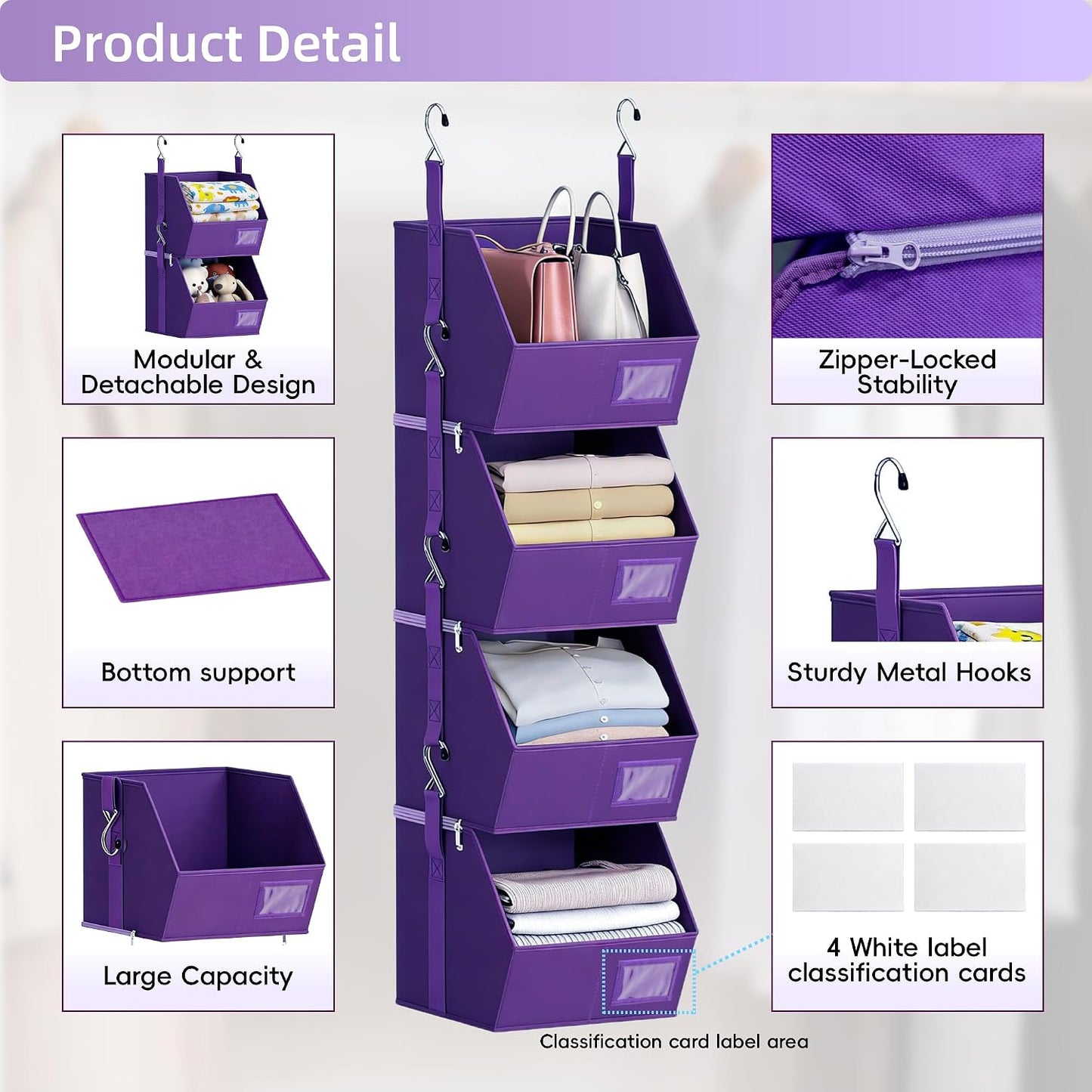 Hanging Closet Organizer 4 Tier, Hanging Shelves for Closet-Hanging Closet Organizer with Stackable Shelves,Versatile Fabric Storage Bins for Bedroom, RV, Nursery,Dorm(Purple)