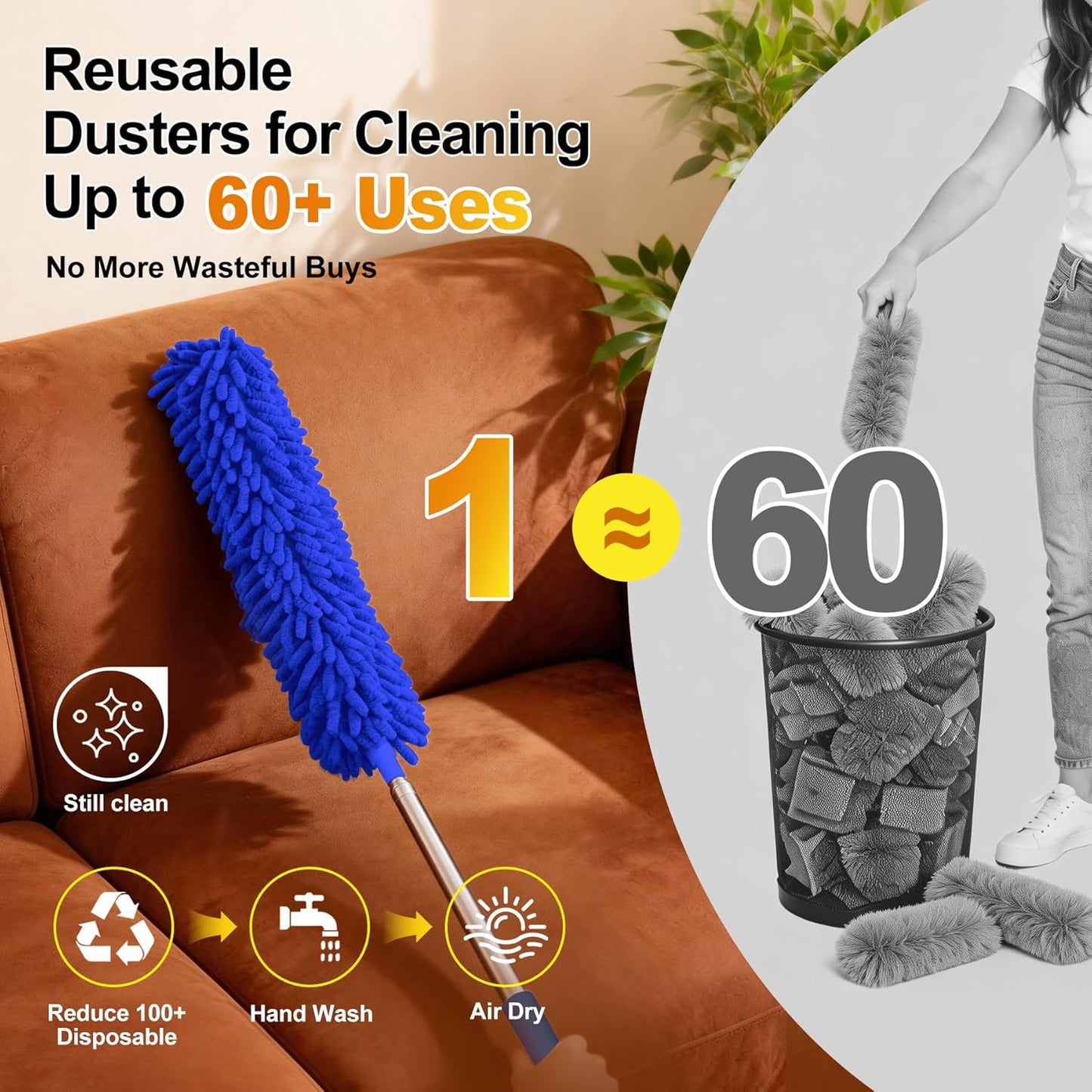 Tiumso Dusters for Cleaning,Microfiber Feather Duster 5-in-1 Kit, Duster with Extension Pole 100 Inches, Cobweb Duster, Microfiber Dusters for High Ceilings and Fans, Blinds and Cars