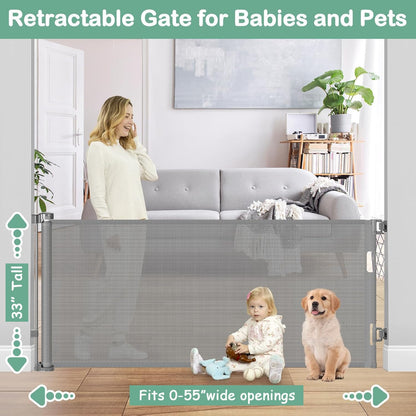55 Inch Retractable Dog Gate Outdoor Scratch-Resistant Mesh Baby Gate for Stairs Retractable Baby Gates for Doorways Anti-Climb Outdoor Dog Gates for Decks Keep Kid/Pet away from Dangerous Place, Gray