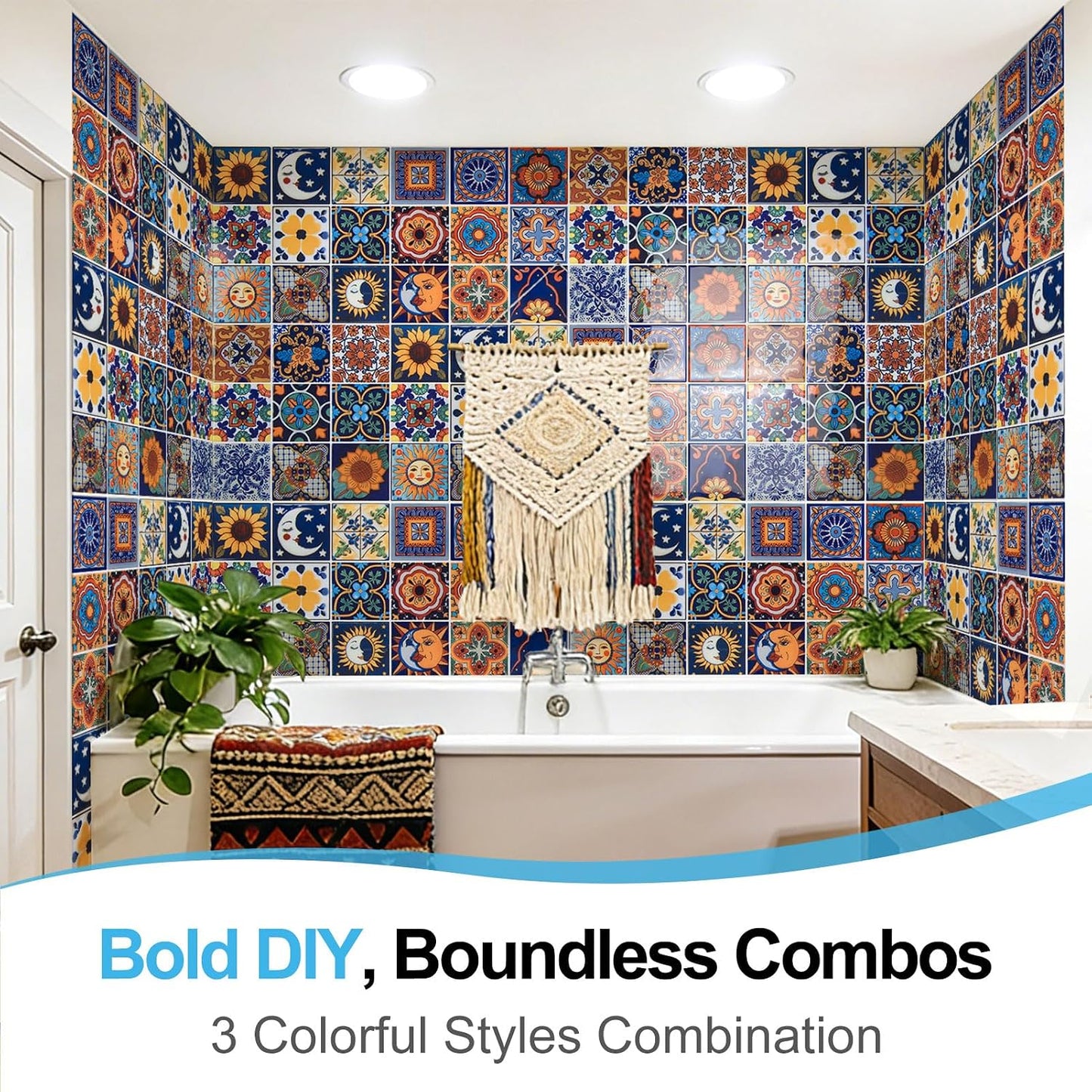 Art3d Talavera Hand-painted Waterproof Peel and Stick Backsplash Tile for Kitchen & Living Room, Sun & Moon Floral Design - 10-Pack of 12 x 12 Inch