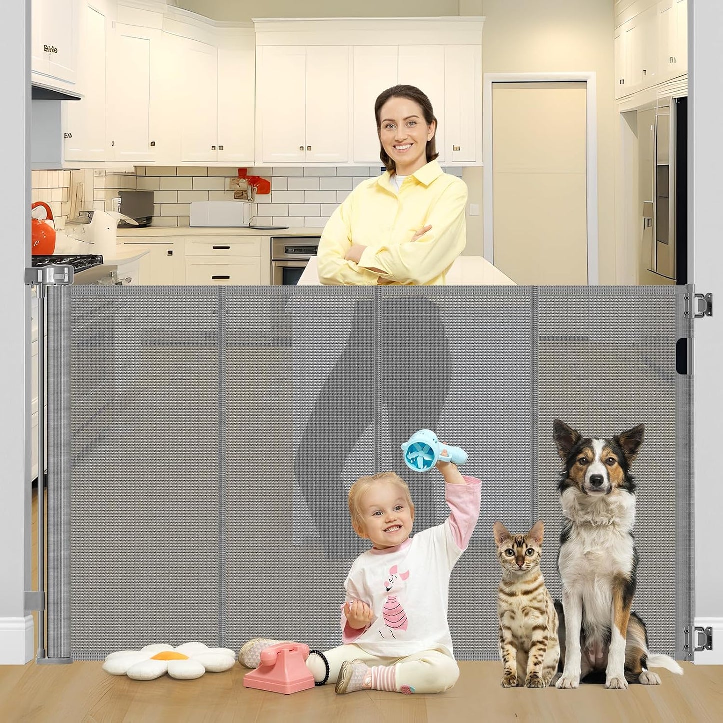 42 Inch Extra Tall Retractable Baby Gates with Reinforced Strips 55 Inch Wide Outdoor Retractable Dog Gate No Sag Extra Tall Baby Gate for Doorway Anti-Scratch Mesh Gates for Kids or Pets, White