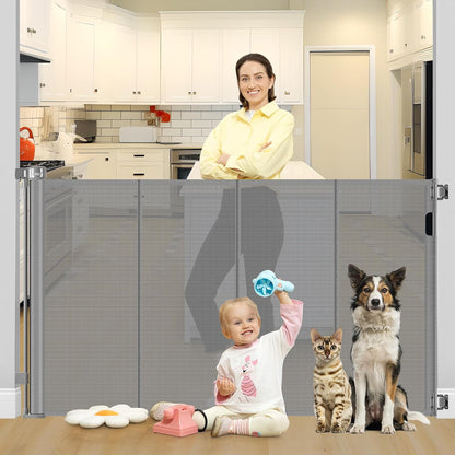 42 Inch Extra Tall Retractable Baby Gates with Reinforced Strips 55 Inch Wide Outdoor Retractable Dog Gate No Sag Extra Tall Baby Gate for Doorway Anti-Scratch Mesh Gates for Kids or Pets, White