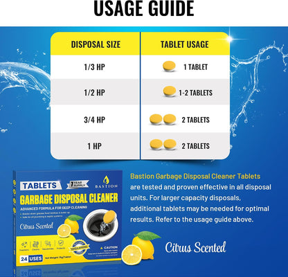 Bastion Garbage Disposal Cleaner and Deodorizer - 24-Count (1-Year Supply) Foaming Lemon Scented Kitchen Sink Freshener Pods & Drain Odor Eliminator Disposer Care