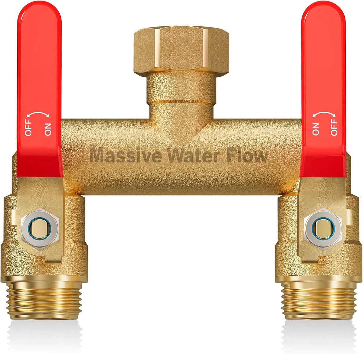 Hose Splitter 2 Way Heavy Duty, Full Flow Garden Hose Splitter with 2 Long Metal Handles, Brass Rust and Freeze Resistant Water Hose Bib Splitter, T Adapter Connector with 3/4 - Inch GHT Thread（Red）