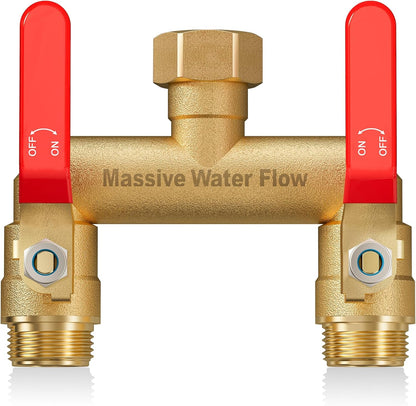 Hose Splitter 2 Way Heavy Duty, Full Flow Garden Hose Splitter with 2 Long Metal Handles, Brass Rust and Freeze Resistant Water Hose Bib Splitter, T Adapter Connector with 3/4 - Inch GHT Thread（Red）
