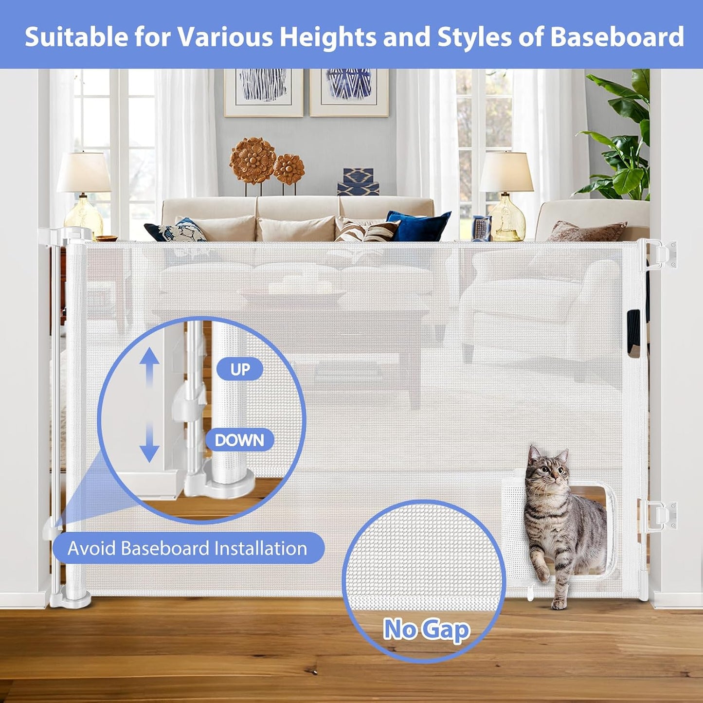 Retractable Baby Gate with Cat Door 55" Wide Retractable Baby Gate for Stairs Mesh Baby Gate with Pet Door Retractable Dog Gate for The House Retractable Pet Gate with Door Safety Gates for Toddlers