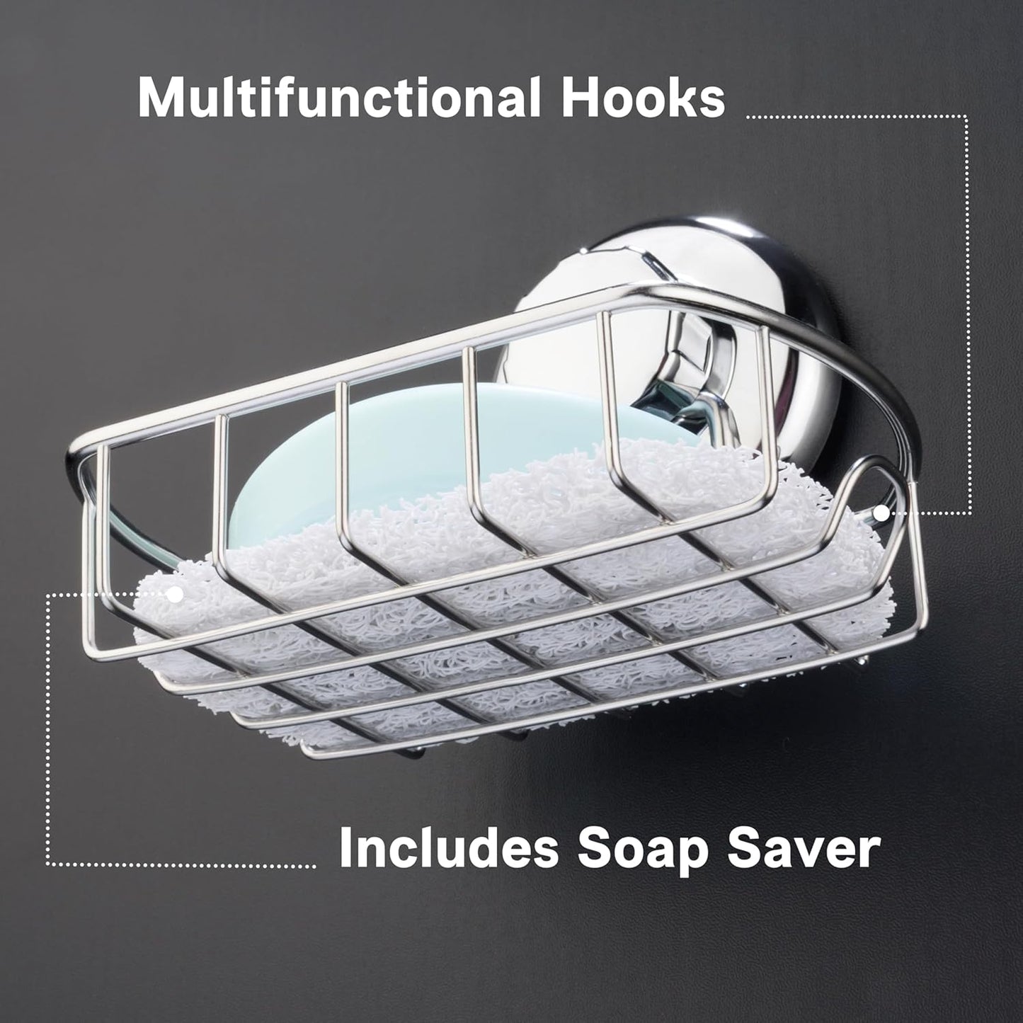 HASKO Suction Cup Soap Dish for Shower Wall, Rustproof Stainless Steel Shower Soap Holder for Bathroom with Hooks and Soap Saver, Includes Optional No Drill Adhesive Mount, Silver