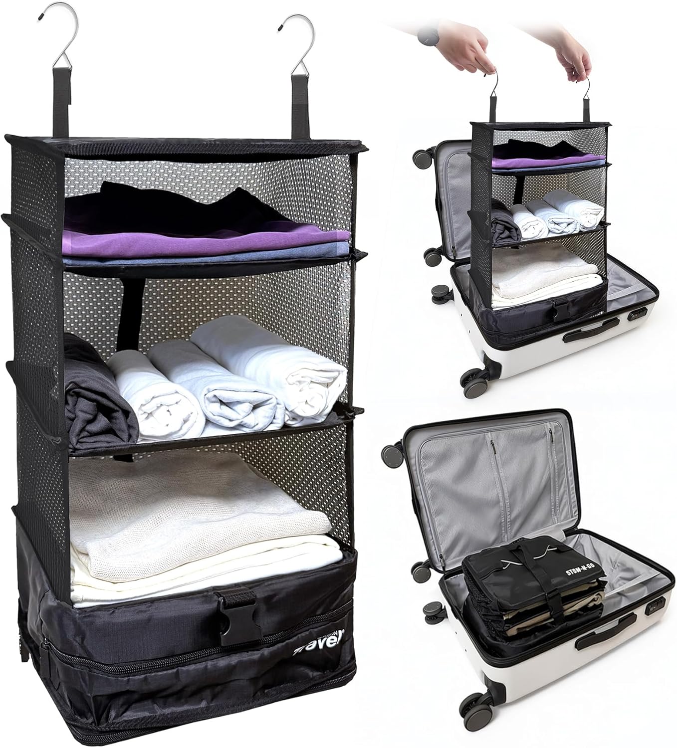 Grand Fusion Stow-N-Go Hanging Travel Shelves, Packing Organizer for Luggage. Carry on Closet for Suitcase. Expandable Packing Cube. Travel Essentials. (Black - L, L = (L) 11.8" x (W) 11.8")