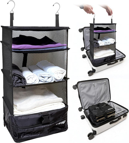 Grand Fusion Stow-N-Go Hanging Travel Shelves, Packing Organizer for Luggage. Carry on Closet for Suitcase. Expandable Packing Cube. Travel Essentials. (Black - L, L = (L) 11.8" x (W) 11.8")