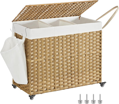 SONGMICS Laundry Hamper with Lid, 37 Gallons (140 L), Rolling Laundry Basket with Wheels, 3-Section Synthetic Rattan, Removable Liner, Bedroom, 26 x 13 x 26 Inches, Gray ULCB363G01