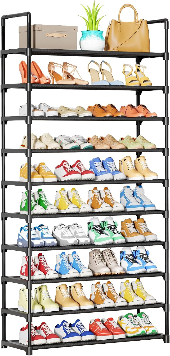 Kitsure Shoe Rack - 10-Tier Shoe Organizer with Detachable Fabric Shelves & Metal Frame, Tall Shoe Rack for Closet, Entryway, Living Room, 16.9" Wide - 10 Tier, Black