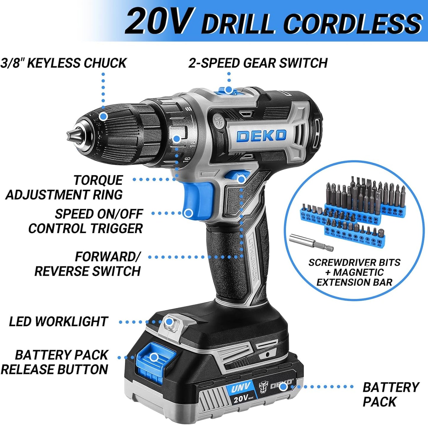 Cordless Drill Tool Kit Set: 20V Power Drill Tool Box with Battery Electric Drill Driver for Men Home Hand Repair Basic Toolbox Tools Sets Drills Case