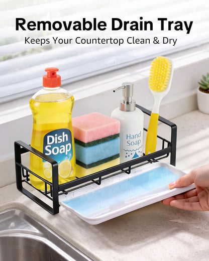 HULISEN Kitchen Sink Sponge Holder, 304 Stainless Steel Kitchen Soap Dispenser Caddy Organizer, Countertop Soap Dish Rack Drainer with Removable Drain Tray, not Including Dispenser and Brush