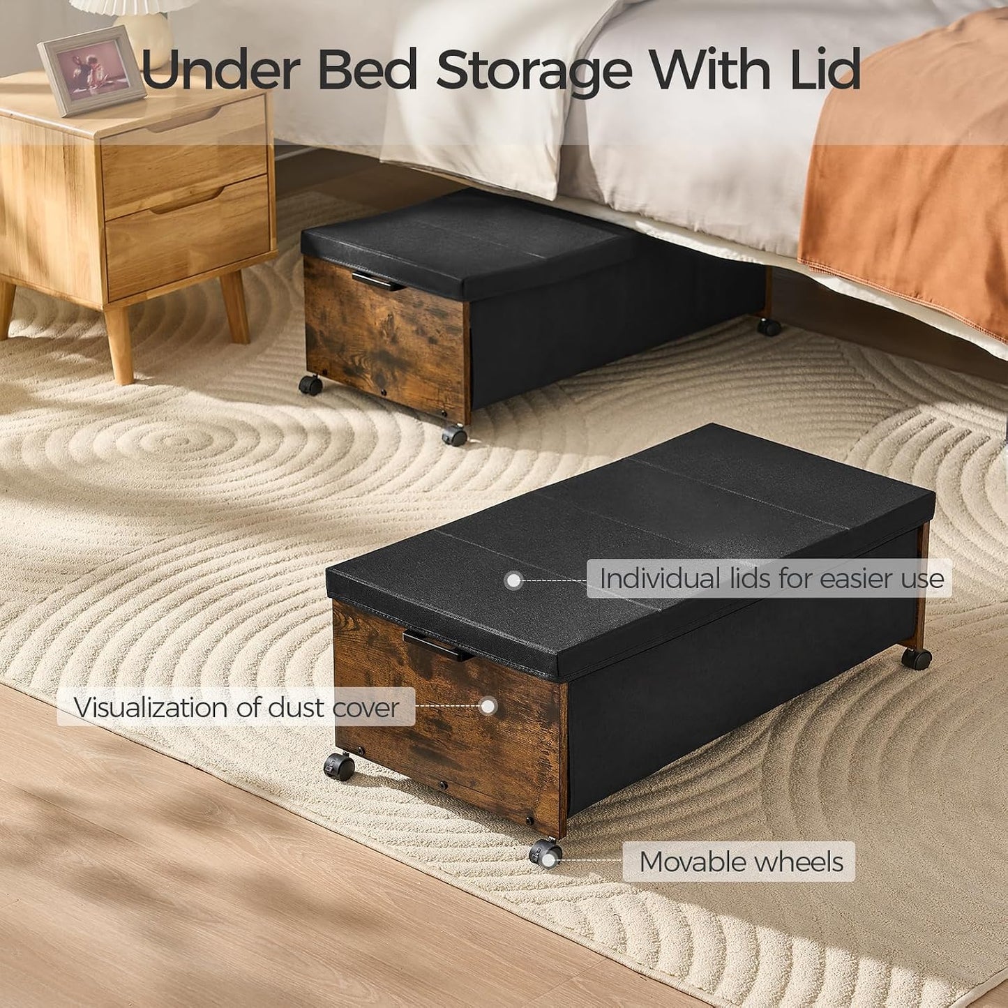 FOUCSSOMEI Under Bed Drawers on Wheels, XXXXL Size, UnderBed Storage with Wheels, Wooden Under Bed Storage, Heavy Duty, Patented Design