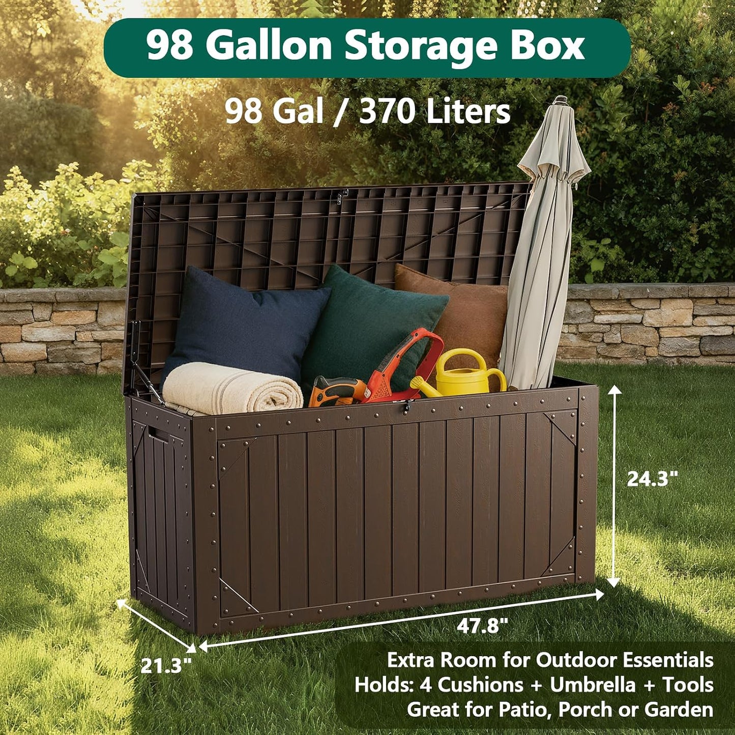 Outdoor Storage Box, 98 Gallon Deck Box, Outdoor Storage Bench, Waterproof Resin Storage Bench with Lockable Lid, Patio Furniture Cushions & Garden Tools Storage, UV Resistant (Black)