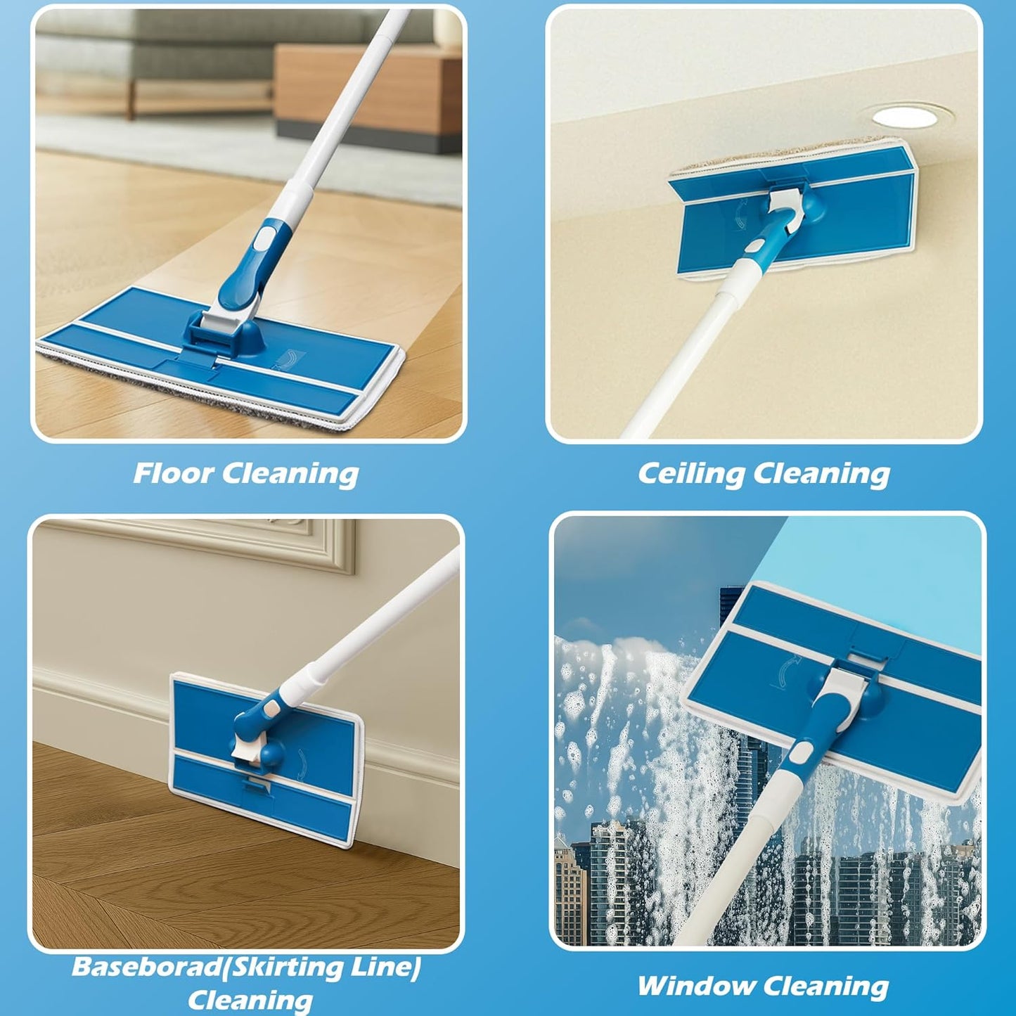 Wall Cleaner Mop with Foldable Panel, Baseboard Cleaner Tool with 55" Long Handle, Cleaning Mop Duster for Walls, Ceilings, Baseboards, Floors