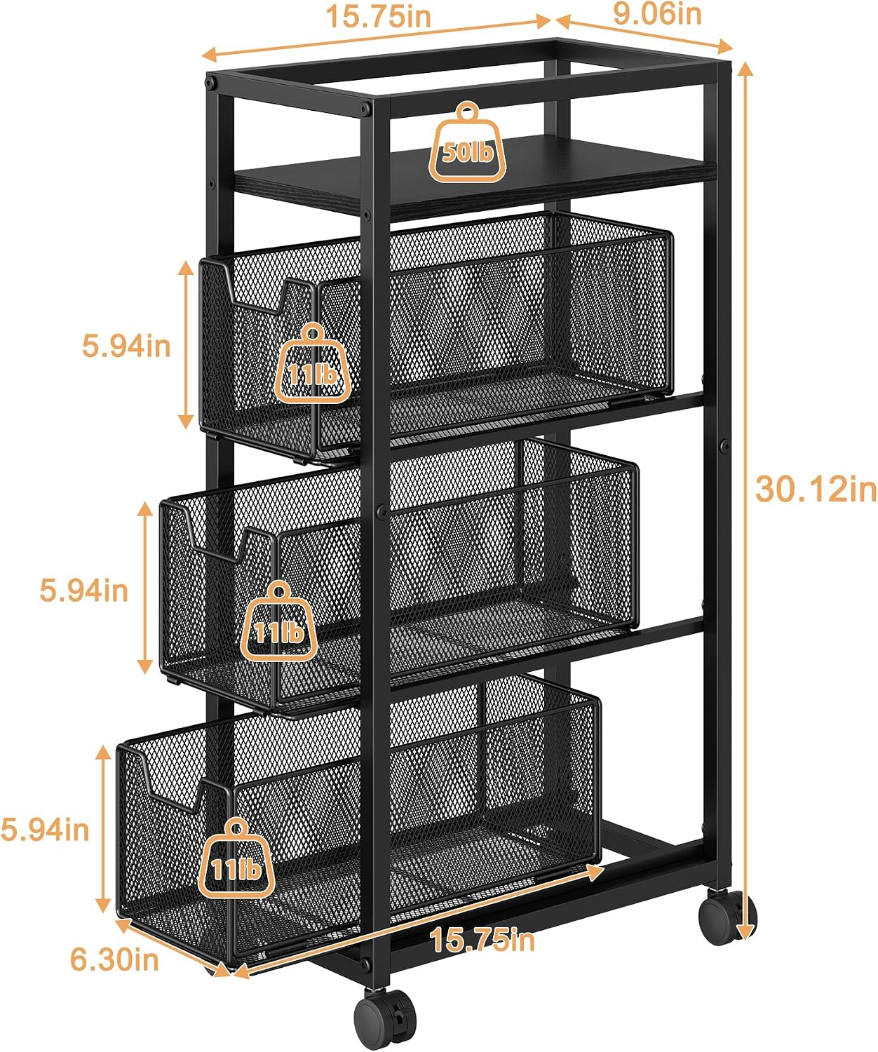 4 Tier Kitchen Rolling Cart, Kitchen Storage Cart with Wheels, Adjust Pantry Organizer and Storage Cart with Drawer, Fruit Vegetable Spice Storage Cart, Wooden Top Metal Kitchen Organizer Rack Stand