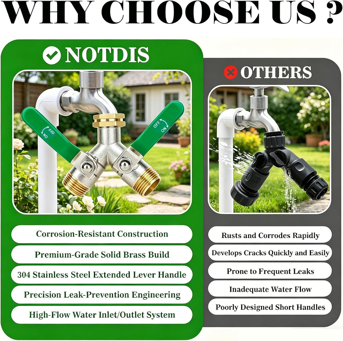 Love Is War 2 Way Garden Hose Splitter, 3/4" GHT Thread Brass Faucet Splitter with Long Easy-Turn Handles, Outdoor Water Connector for Lawn Irrigation