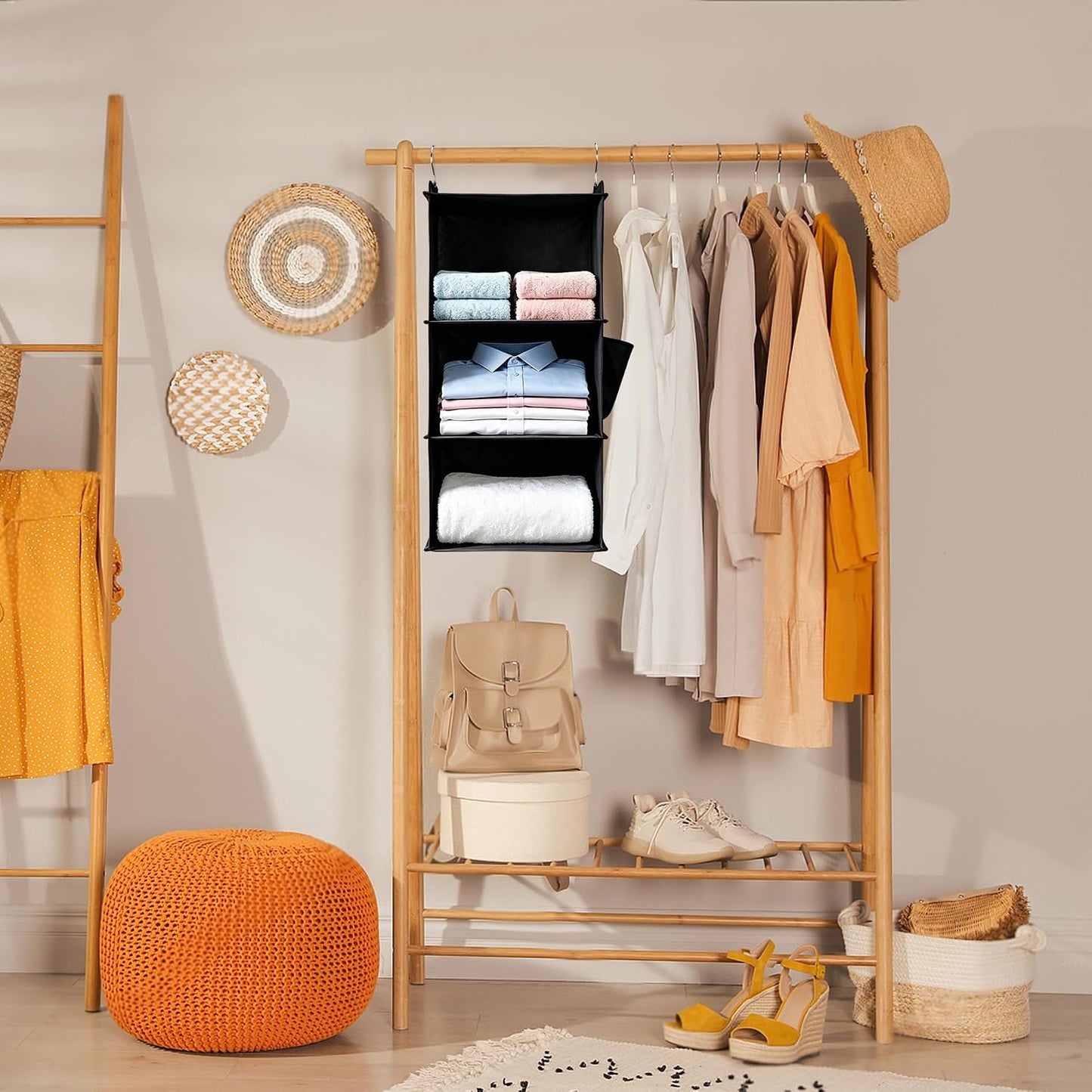 BOOMIBOO Hanging Closet Organizer and Shelves, 4 Shelves with 1 Side Pockets, Foldable, Grey Fabric, Modern Style, for Bedroom and Dorm Room (Grey)