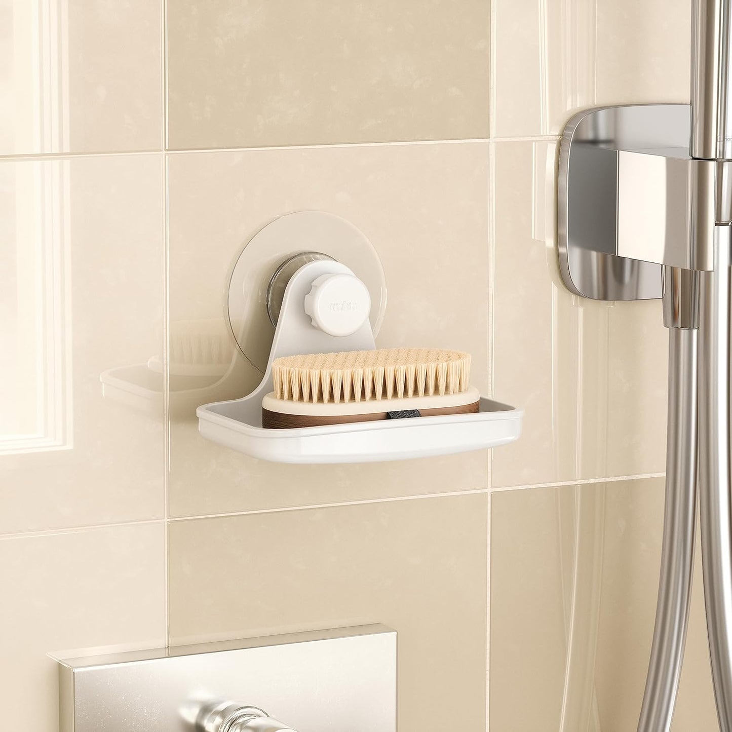 Umbra Flex Adhesive Double-Hook for Bathroom Shower Tub, Holds Towels, Washcloths, Loofahs, Razor, and More, White