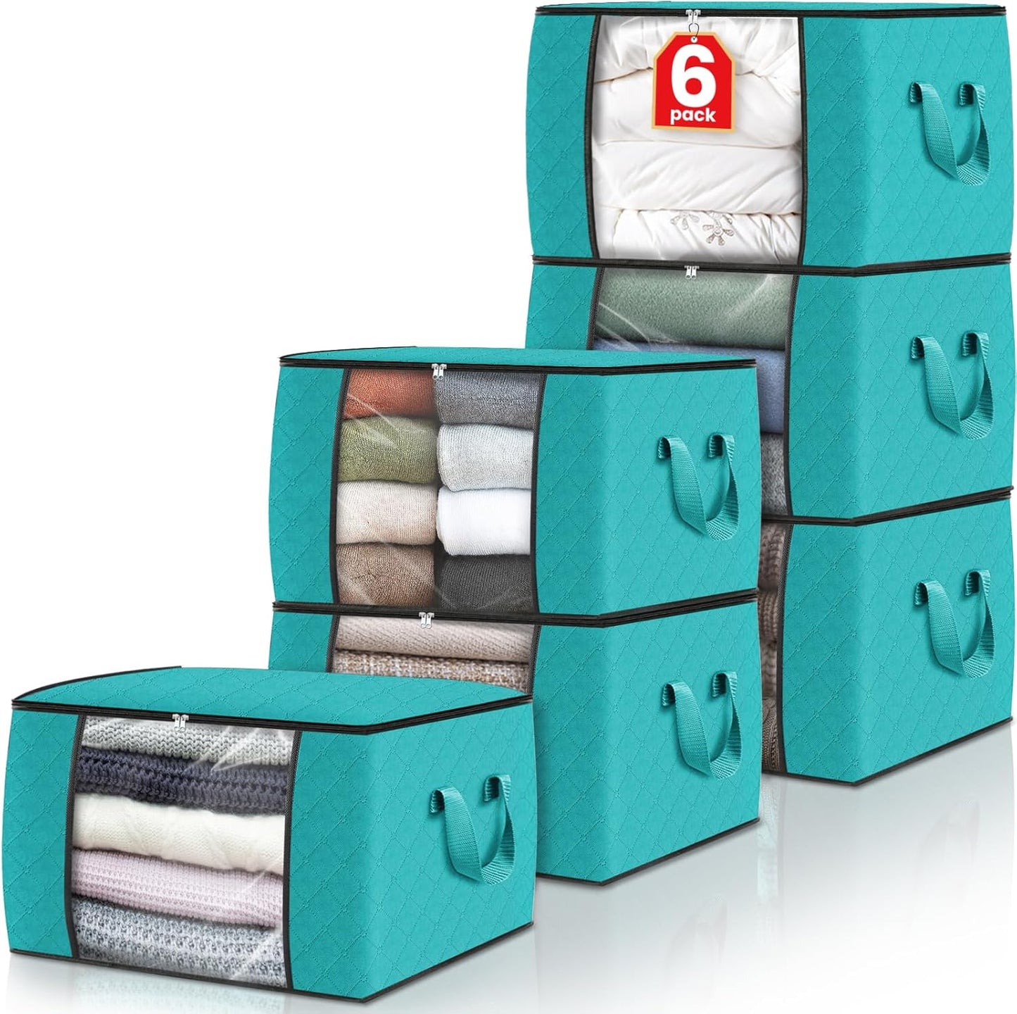 Fab totes 6 Pack Storage Bags for Clothes and Blanket, Foldable Closet Organizers and Storage with Zippers, Clear Window and Handles, Fabric Storage Bins for Sweater, Comforter, Bedding,Linen Sheets