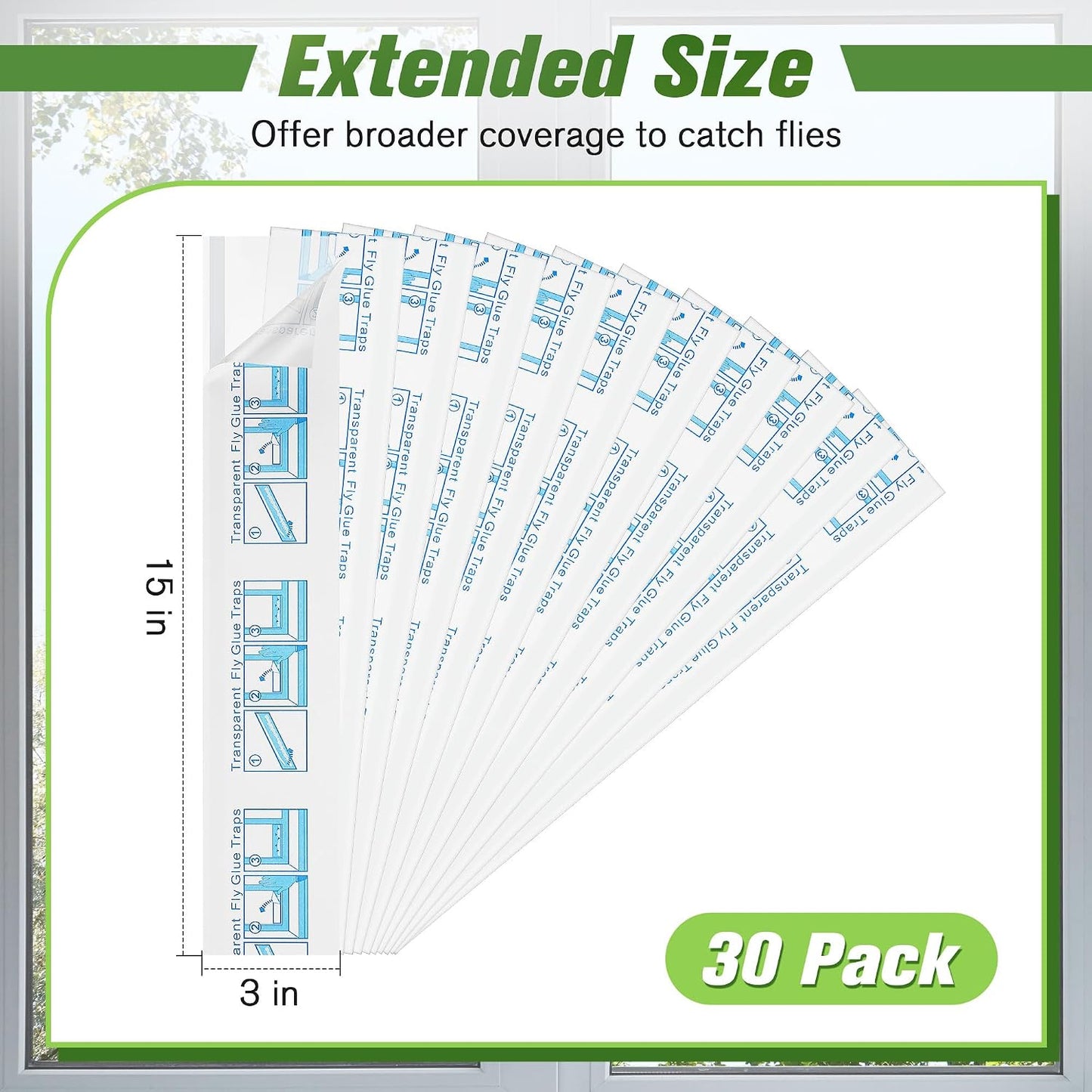 Qualirey 30 Pack XL Window Fly Traps for Indoors, Extra Large Fly Paper Sticky Strips, Waterproof & Non Toxic Clear Sticky Traps for Windows, Bug Catcher for House, Kitchen and Office(15"×3")