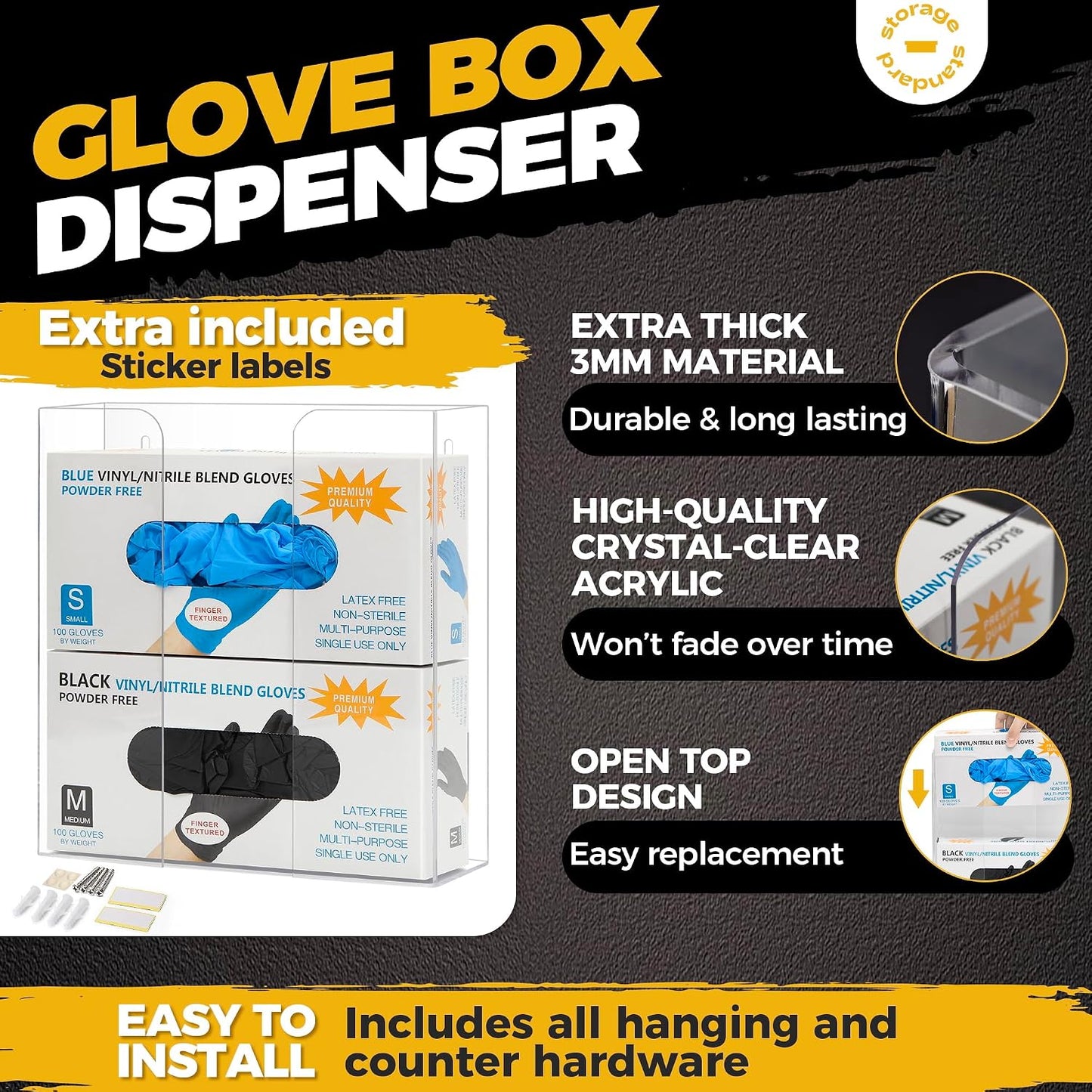 Storage Standard Glove Box Holder Dispenser - Kitchen, Medical, & Latex Gloves Holder Wall Mount or Countertop, Universal Fit - Thick Acrylic, Easy to Use, Slide, & Load Open Top Design - Clear